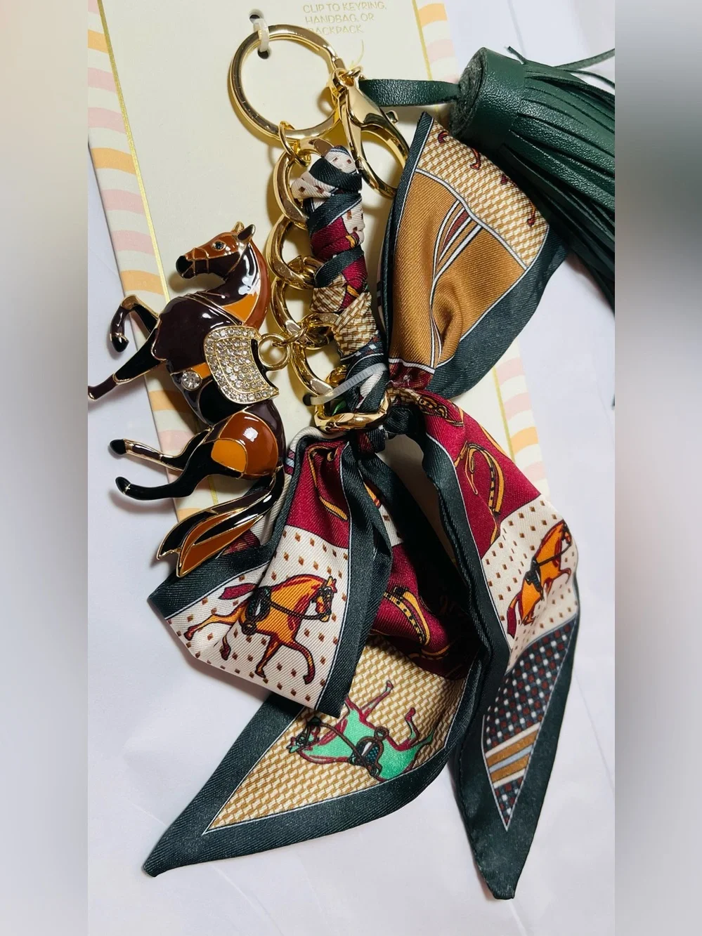 Gold-Tone Horse Charm Keychain with Burgundy & Green Accent Scarf